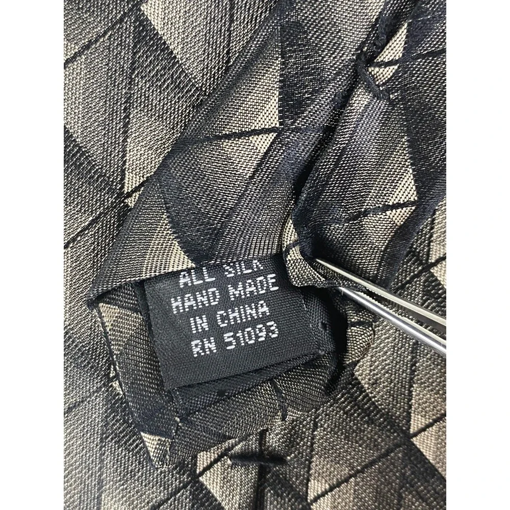 VTG Croft & Barrow Mens Silk Tie Black Gold Bronze Geometric Long Grid 60x4